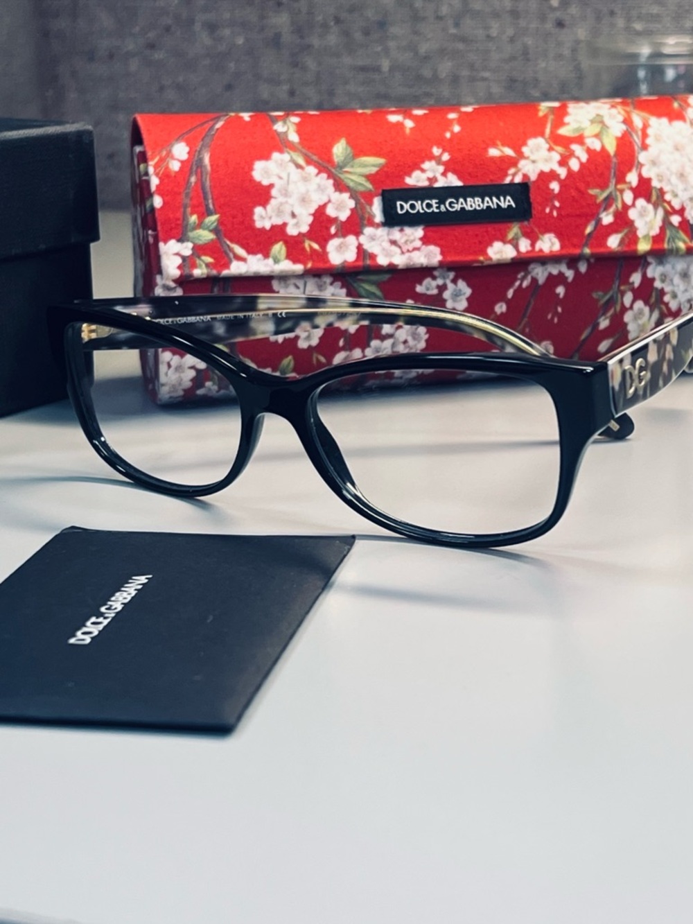 Dolce & Gabbana Black Cat-Eye Glasses with Floral Case